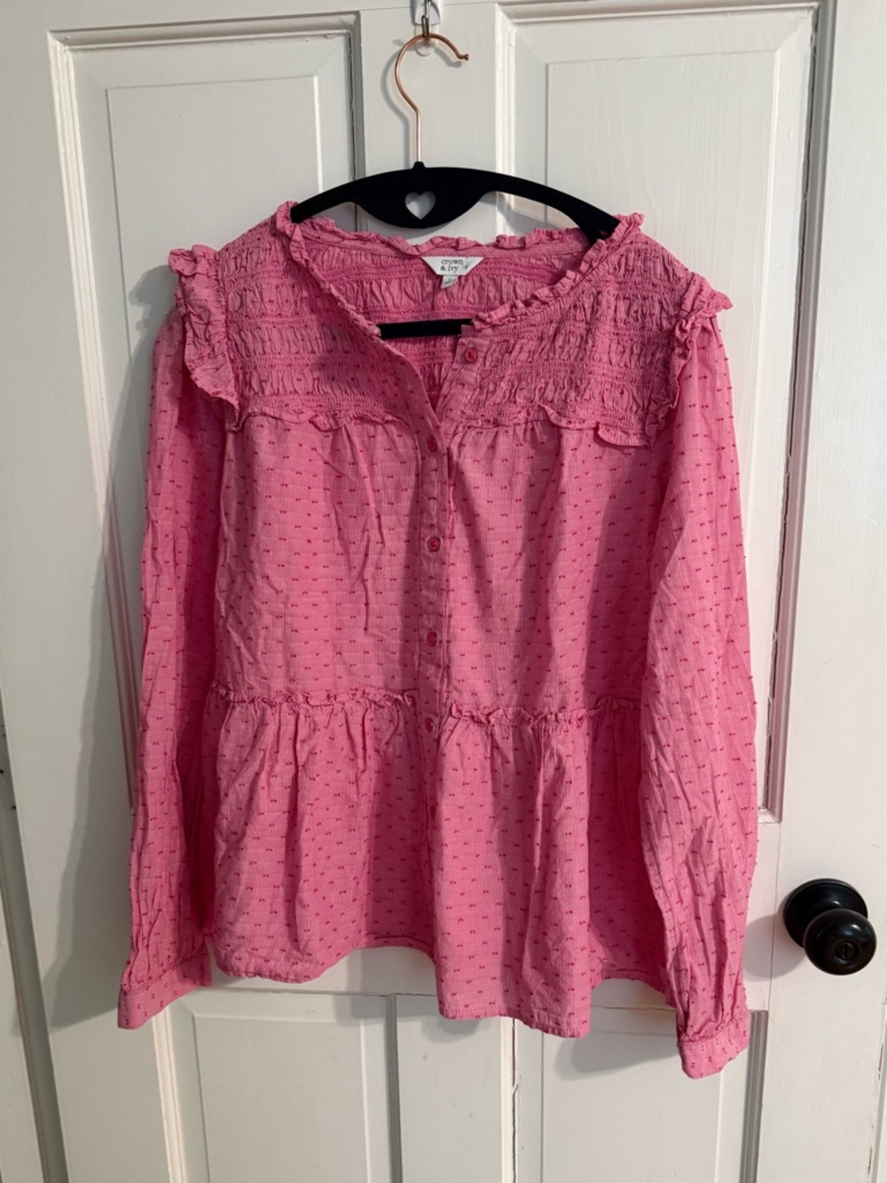 crown & ivy Pink Ruffled Smocked Button Swiss Dot Top Small